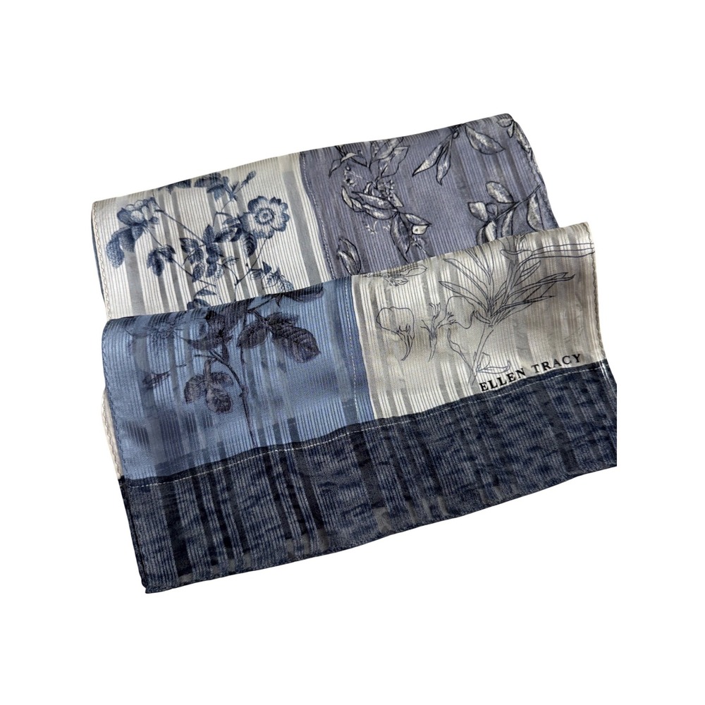 Ellen Tracy Silk Scarf Women OS Blue Grey EUC Floral Patchwork Oblong Sheer